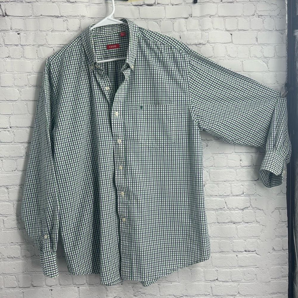 Izod Mens Long Sleeve button down cotton dress shirt blue green small checkered